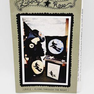 Liberty Rose Halloween Applique Pillow Framed Print Flying Witch Cat with Saying